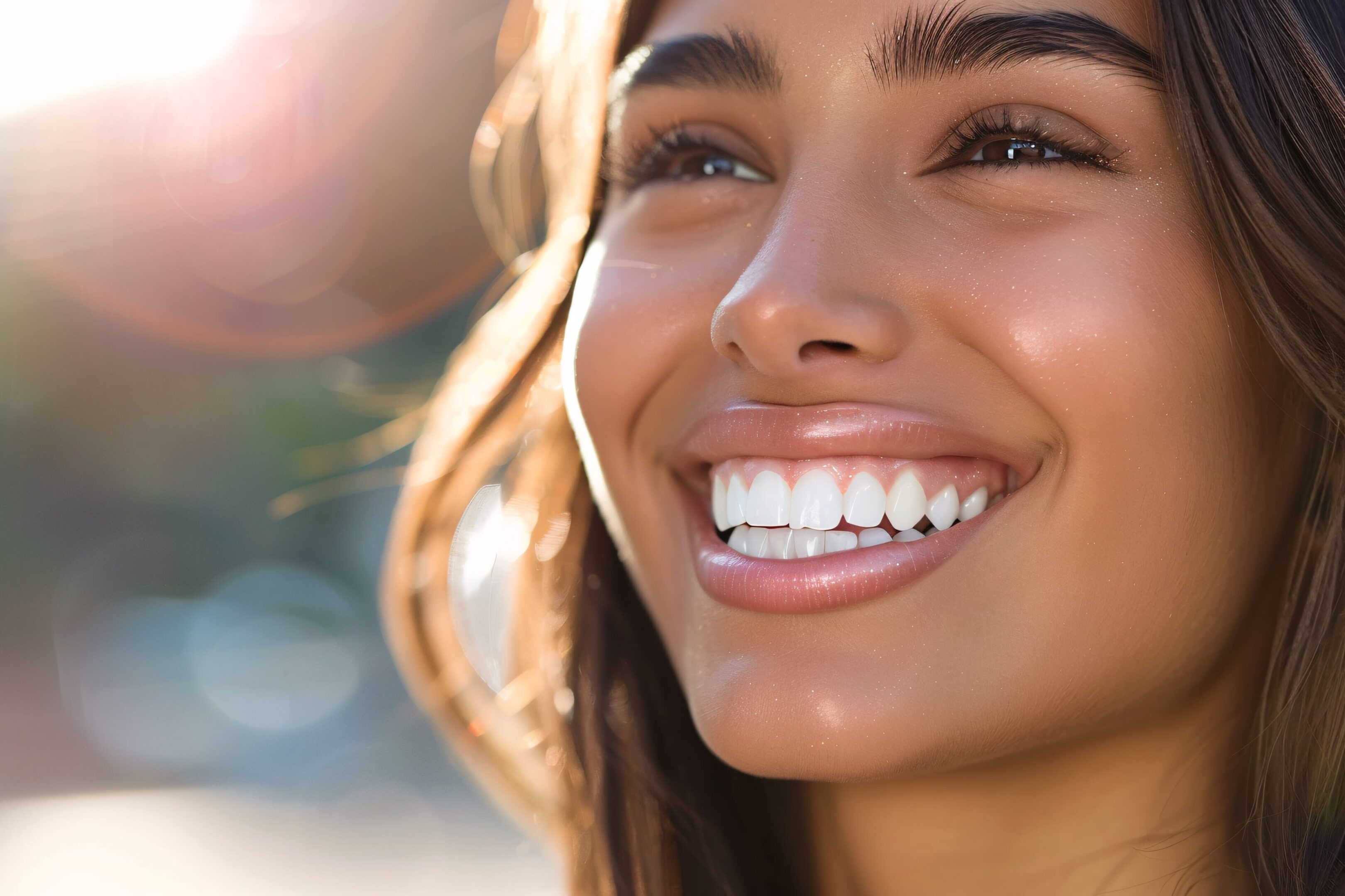 A professionally taken photograph of a smiling Hispanic woman with white teeth