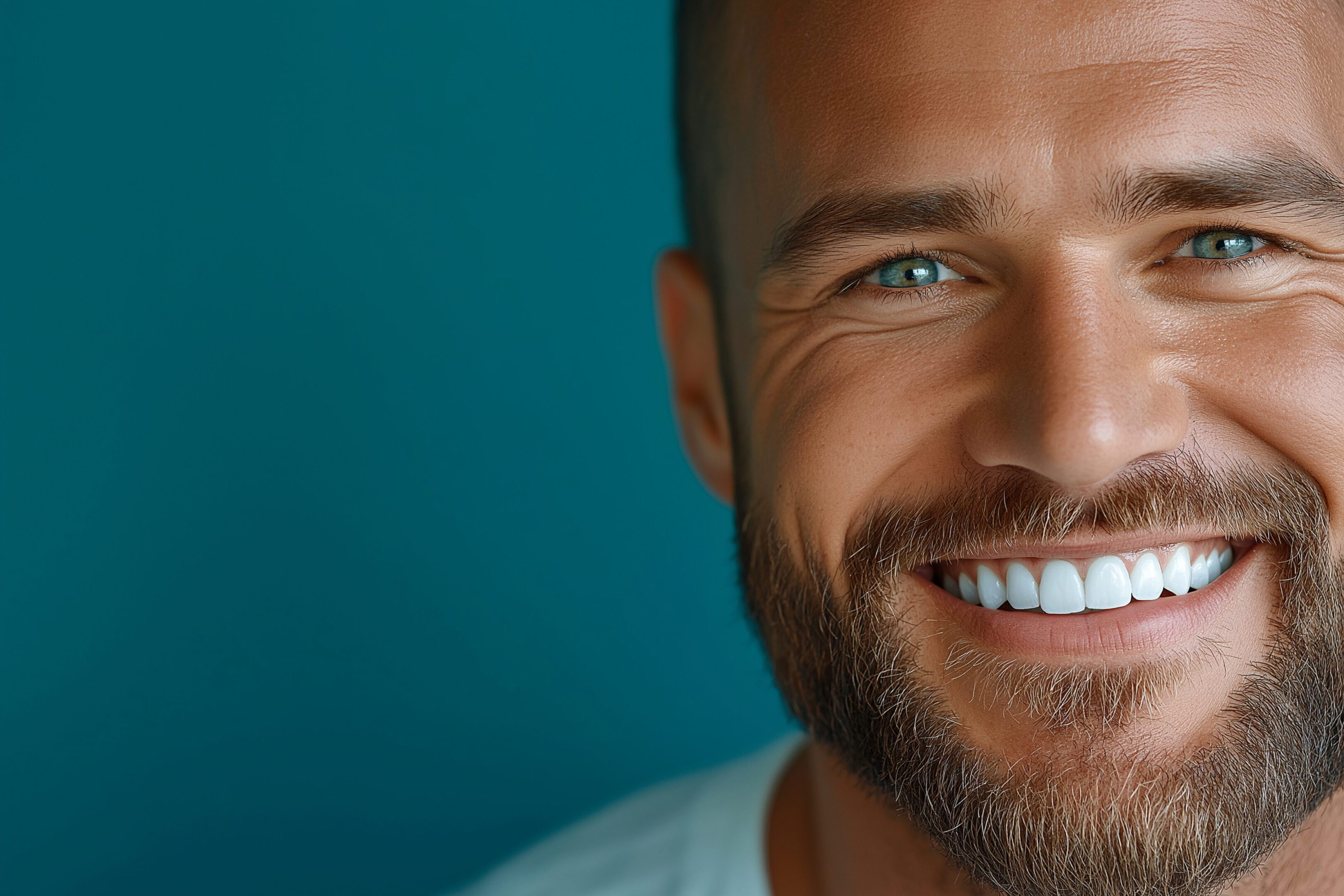 Close-up of a smiling man pointing at his perfect white teeth, close-up on a blue background, a stock photo for a dental clinic advertisement. This award-winning shot has a hyper-r